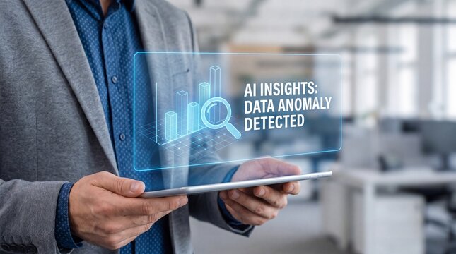 Man in business attire holding a tablet with a transparent graphic displaying AI insights and data anomaly detected message