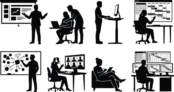 Office activity silhouettes, teamwork collaboration vector, remote work icons, project management illustration, digital workplace outline, communication silhouettes art