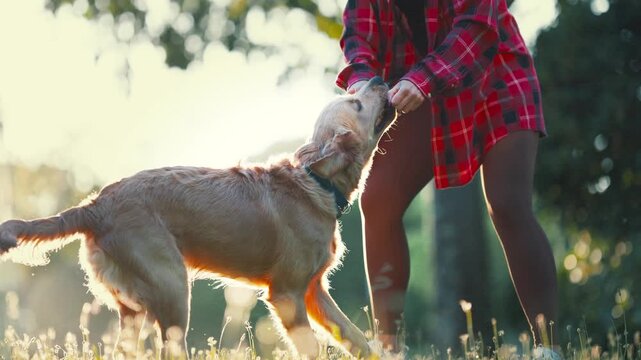 Man plays with dog in grassy park during a sunny afternoon in spring