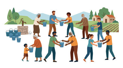 Obraz premium Diverse community passing water buckets in a human chain to support rural development flat design vector illustration.