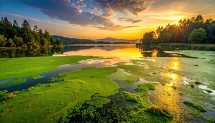 Vibrant algal bloom creating intricate patterns on a tranquil lake at golden hour sunset © AmirSyazwan