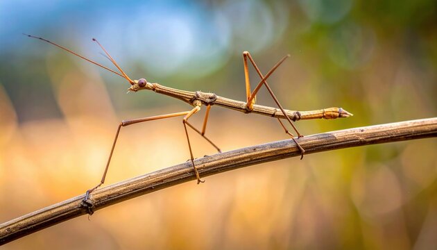 Stick insect perfectly camouflaged on a branch, blending seamlessly with its natural environment.