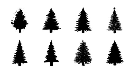 Obraz premium Set of 8 Black Silhouette Christmas Trees, Festive Evergreen Vector Icons for Holiday Design