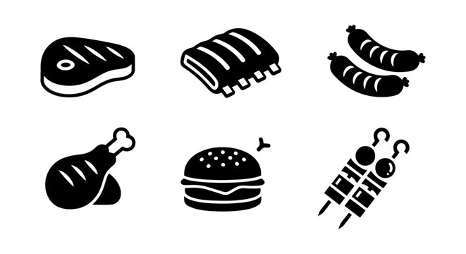 Barbecue Food Icons, Grill Meat Vector Set, Picnic & BBQ Meal Graphics, Summer Cookout Food