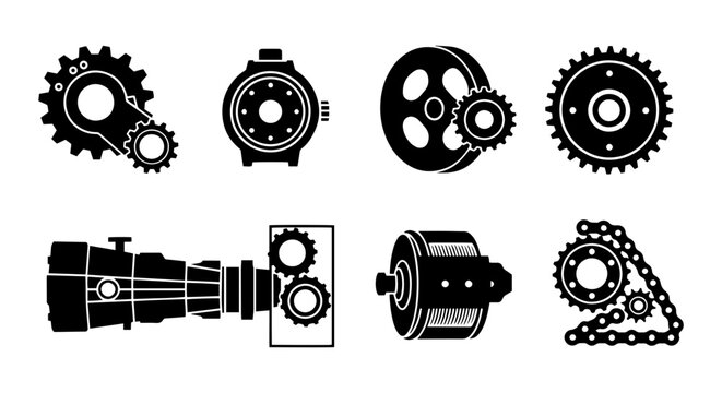 Industrial Gears and Mechanical Components Vector Icons Set, Engineering and Machinery Elements