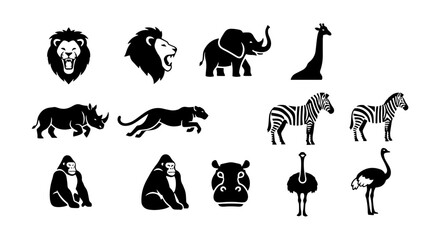 African Wildlife Icons Set: Lion, Elephant, Giraffe, Rhino, Panther, Zebra, Gorilla, Ostrich, Hippo © h