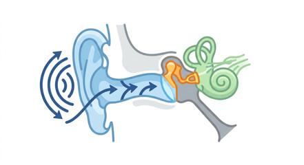Human Ear Anatomy Showing Sound Wave Transmission and Hearing Process. © ynt