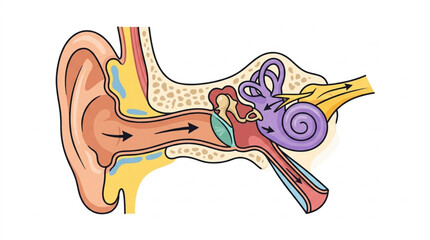Detailed diagram of the human ear anatomy and auditory system. © ynt