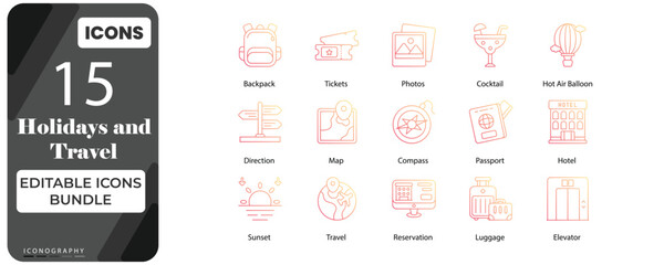 Naklejka premium Holidays & Travel Icons Bundle | Editable Vacation and Tourism Icon Set