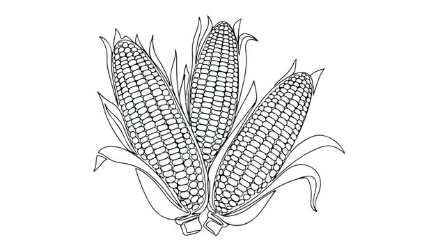 Continuous Simple black line art drawing set of corn in a minimalist style on a white background.