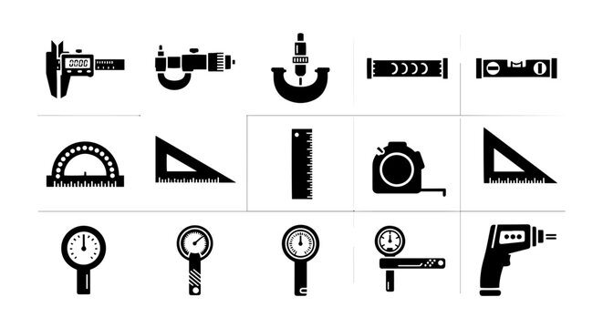 Precision Measuring Tools Vector Icons Set, Engineering Instruments Collection, Technical Measurement Devices