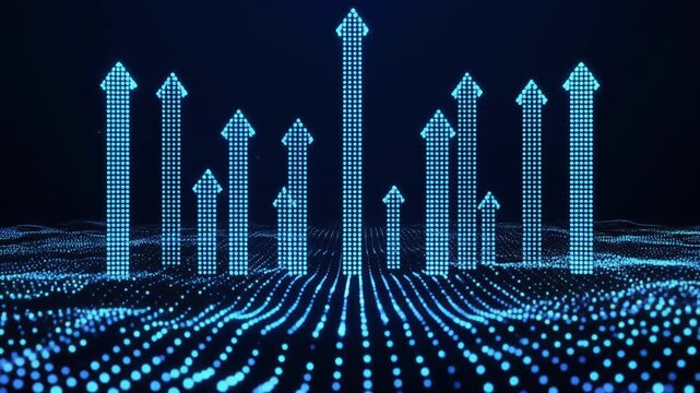 Glowing blue digital arrows rising from luminous grid on dark background, symbolizing growth, innovation, and technological progress in a futuristic data visualization.