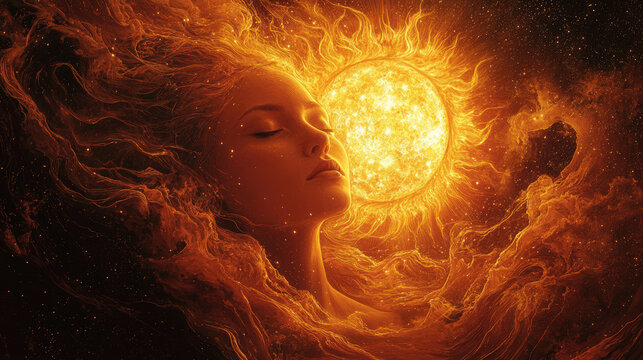 Woman with closed eyes in front of a bright sun in a cosmic scene. This artwork depicts a woman with closed eyes, surrounded by a radiant sun and celestial elements, creating a sense of wonder