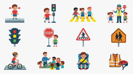 Fototapeta premium Children Crossing Streets with Traffic Signs.