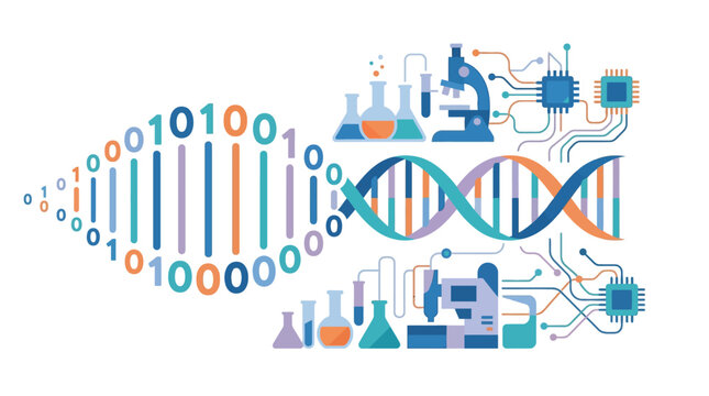 Binary code merging into DNA helix with laboratory and tech symbols for biotechnology concept flat vector illustration