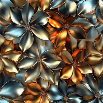Abstract floral pattern with metallic flowers in shades of gold, silver, bronze. Stunning design features repeating pattern of stylized flowers with luxurious metallic finish for various applications