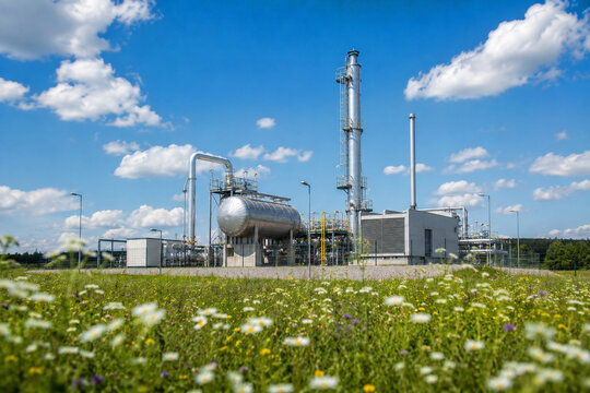 Modern  plant with green meadow under bright blue spring sky, clean energy in harmony with nature