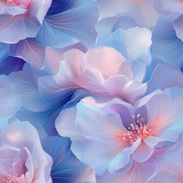 Abstract floral background with soft pastel colors and delicate details. This beautiful artwork features a seamless pattern of ethereal flowers in shades of blue, pink, and purple