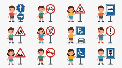 Fototapeta premium Children Holding Traffic Road Signs Illustrations.