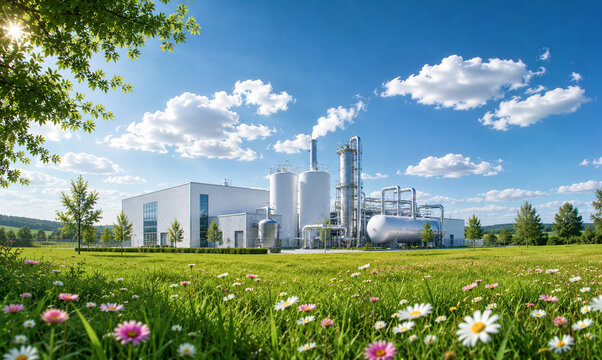 Modern industrial processing complex with contemporary architecture under bright blue summer sky