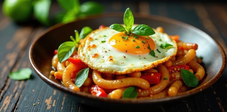 Spicy Thai stir-fry with basil and chilies, topped with a crispy fried egg, egg, vegetables, pad krapow