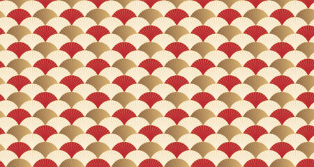 Elegant and festive red and gold seamless wave pattern featuring traditional scallop and fish scale motifs, for lunar new year, festival designs, and holiday decor. © mei