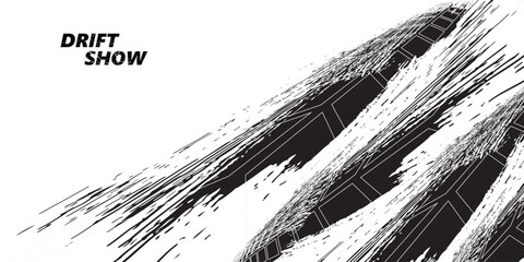 Drift background monochrome with texture wheel marks and drift in skidding, rounded tire marks. Vector isolated texture. Drift background illustration © albaihaki