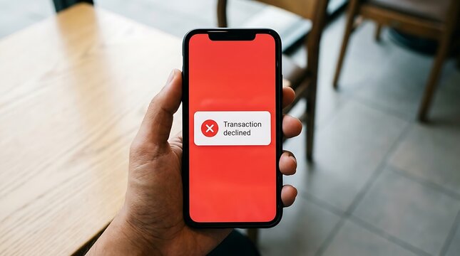 Hand holding smartphone displaying a red error message screen with a cross icon