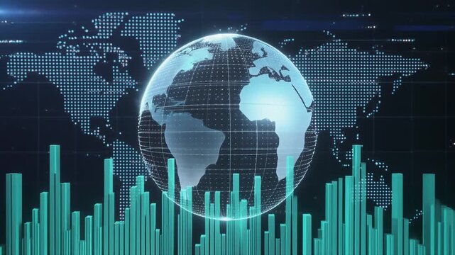 Transparent digital globe over world map grid with teal bar graph, symbolizing global analytics, data visualization, and technological connectivity.
