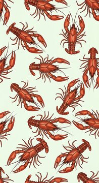 Pattern of Red Crawfish Lobsters on White Background.
