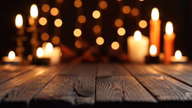 Wooden tabletop providing copy space with warm glowing candles and festive bokeh lights creating a cozy halloween atmosphere.