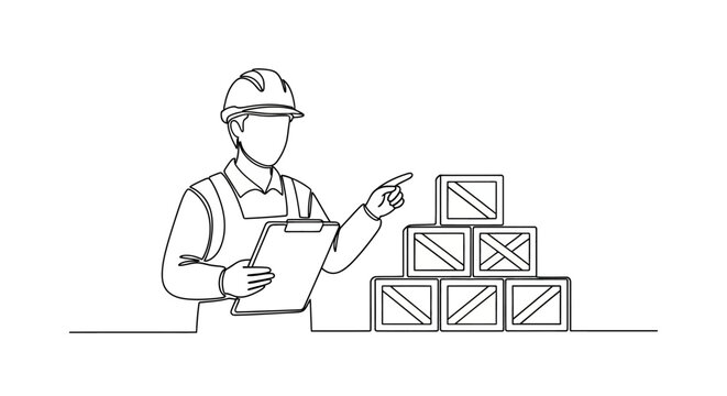 Construction worker inspecting stacked boxes with clipboard.