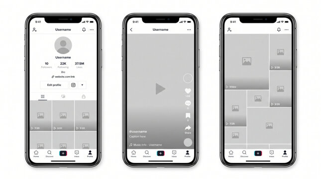 Social media short video application interface mockup: user profile page, video feed player, discovery grid screens. Smartphone app ui ux template.