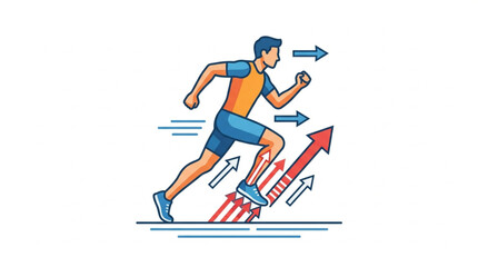 Fototapeta premium Man running forward with arrows indicating speed and progress.