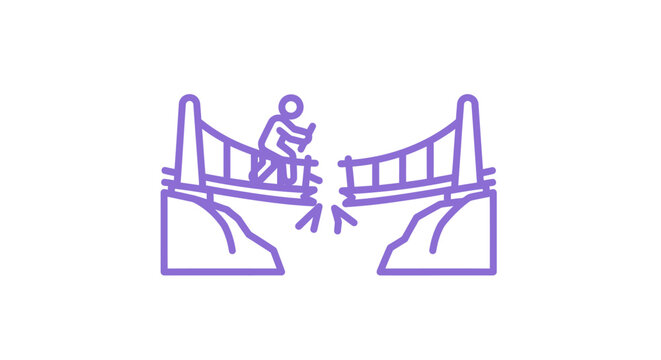 Person walking on a broken bridge illustration.