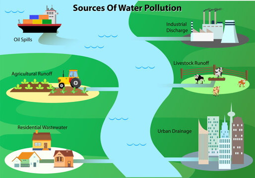 Sources Of Water Pollution infographic vector illustration, What are the Causes of Water Pollution