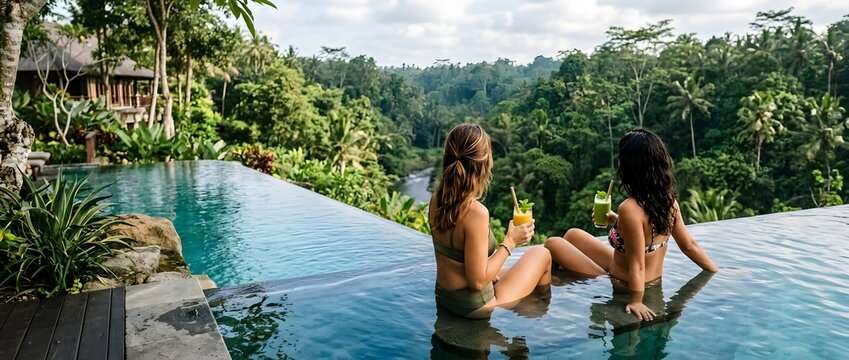 People relax in infinity pool overlooking lush jungle landscape