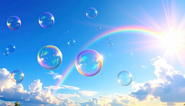 Dreamy Floating Soap Bubble Background displaying Clear Iridescent Spheres under a Bright Blue Sky with Rainbow Rays for Magic Fantasy Banners