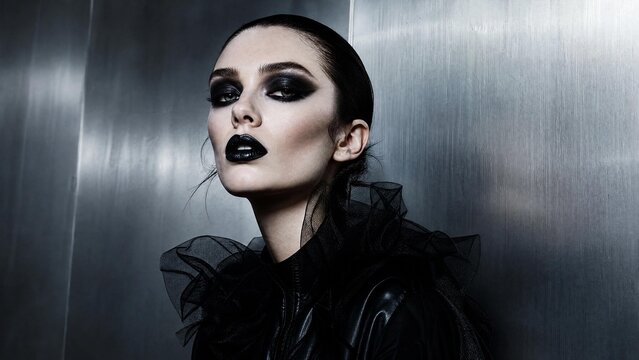 Stunning High Fashion Model with Gothic Black Makeup and Smoky Eyes on Metallic Background