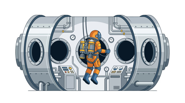 Aerospace engineer testing advanced jetpack technology inside futuristic laboratory module flat vector illustration