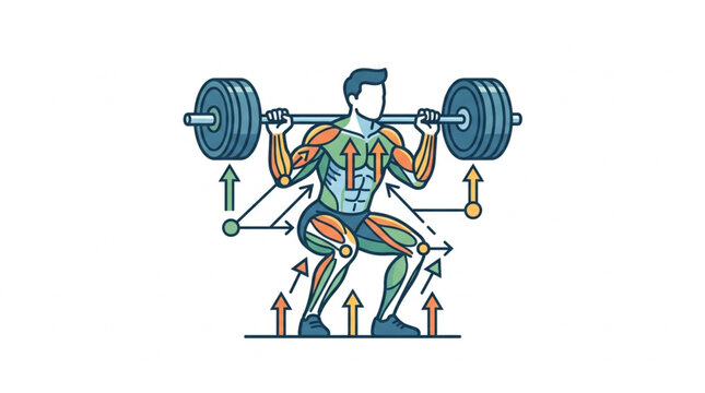Anatomical illustration of a man performing a barbell back squat with muscle activation highlighted.