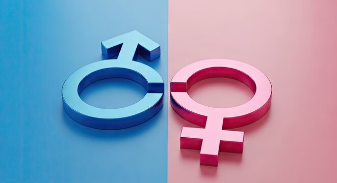 Blue male and pink female 3D gender symbols.