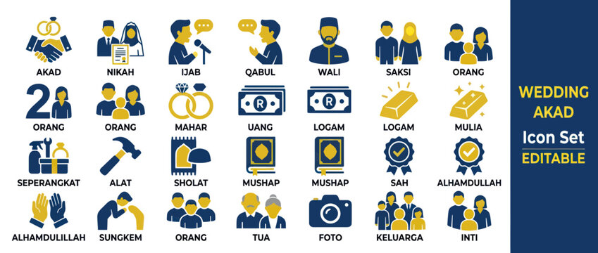 Islamic wedding ceremony and marriage contract icon set