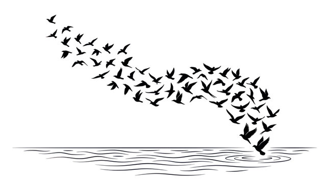 Large flock of migrating birds flying over calm water surface