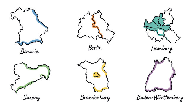 German federal state map outlines with hand drawn sketchy style