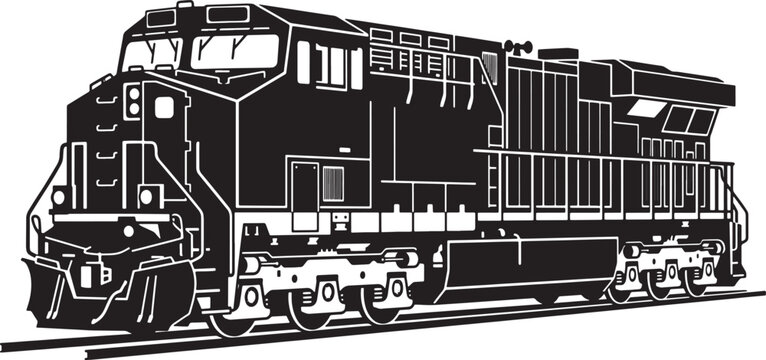 Black and white silhouette of a modern diesel locomotive train engine isolated on a white background