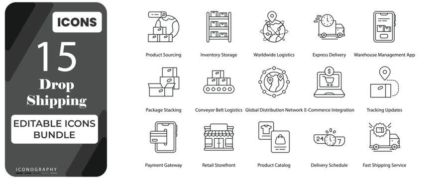 Drop Shipping Outline Icons Bundle | Editable E-Commerce & Logistics Vector Icon Set