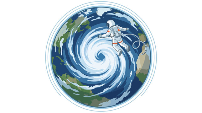 Astronaut floating over stylized swirling planet earth globe flat design vector illustration.
