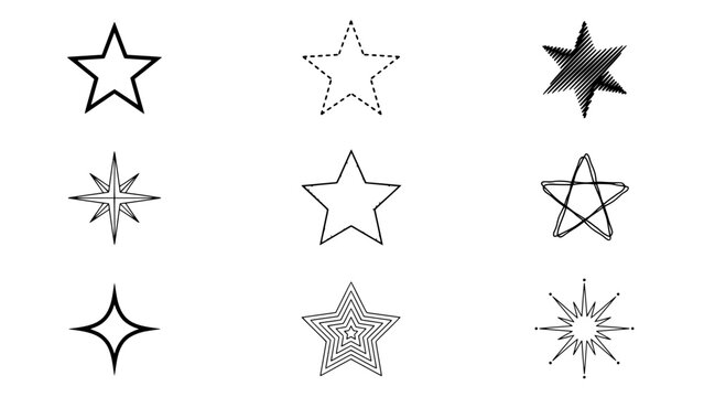 Star Shapes Collection of Nine Distinct Stars Arranged in 3x3 Grid with Sketchy Dotted and Spiky Styles