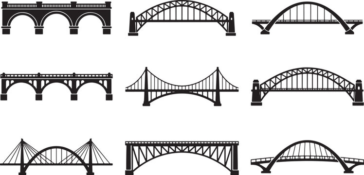 Collection of various bridge silhouettes featuring arch suspension and truss designs for architectural and engineering projects